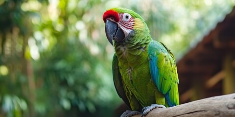 Naklejka premium Vibrant green parrot spotted at a zoo, showcasing the stunning features of the green parrot. Encounter the beauty and charm of this green parrot in an engaging environment.