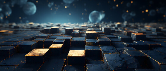 Obraz premium immersive vibrant background with glitters, particles 3d illustration. An abstract, futuristic landscape featuring metallic blocks and a cosmic background, evoking a sense of depth and technology.