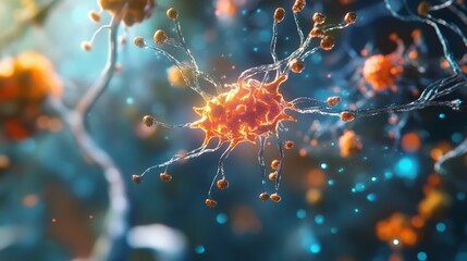 Neurological Disorder in Microscope View Showing Complex Neuron Connections in Abstract Lighting