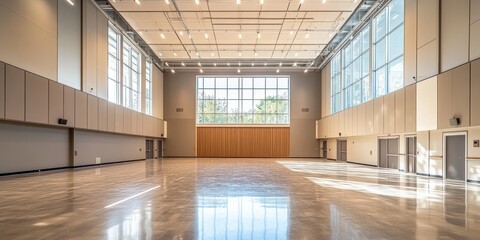 Image capturing a spacious modern assembly hall, showcasing the design and layout of a contemporary gathering space. This spacious assembly hall emphasizes its modern features and functionality.