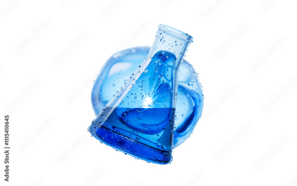 Poster transparent conical flask and water bubbles, 3d rendering.
