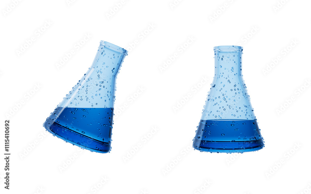 Poster transparent conical flask and water bubbles, 3d rendering.