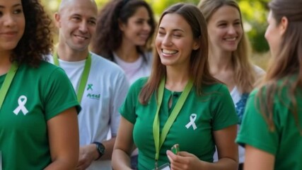 Unified Group in Green Shirts Supporting Mental Health Awareness in Outdoor Park Setting. Mental Health Awareness Concept. Ideal for mental health campaigns, community events, and wellness program ads