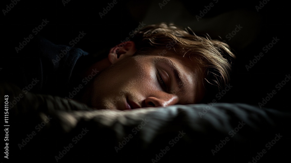 Poster Soft light gently illuminates the face of a man as he sleeps deeply. His expression reflects calmness and serenity, creating a serene atmosphere within the cozy space