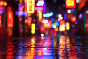 Vibrant night scene with colorful neon lights reflecting on wet pavement in an urban setting.
