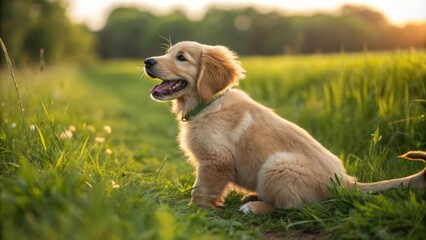 Golden Retriever puppy sitting in grassy field during sunset