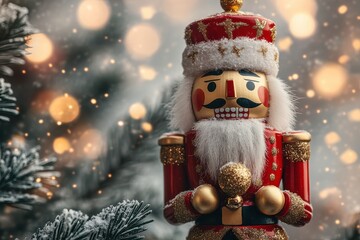 Festive nutcracker figurine stands among snow-dusted holiday decorations with warm glowing lights