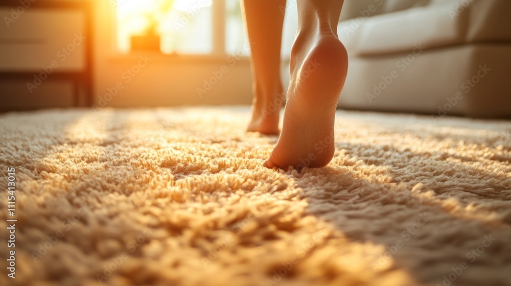 Poster a person walks gently on a plush carpet with bare feet, illuminated by the golden glow of the settin