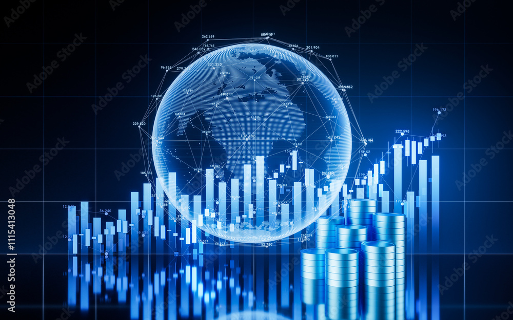 Poster statistical graph and virtual earth with finance concept, 3d rendering.