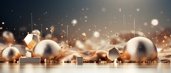 Naklejka premium immersive vibrant background with glitters, particles 3d illustration. A visually striking composition of metallic shapes and shimmering particles creating a luxurious and dynamic atmosphere.