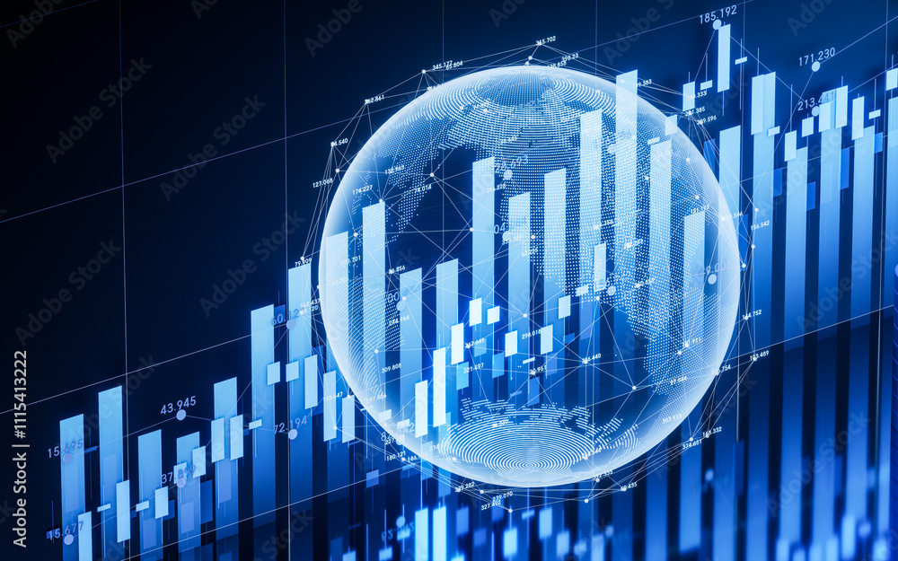 Poster statistical graph and virtual earth with finance concept, 3d rendering.