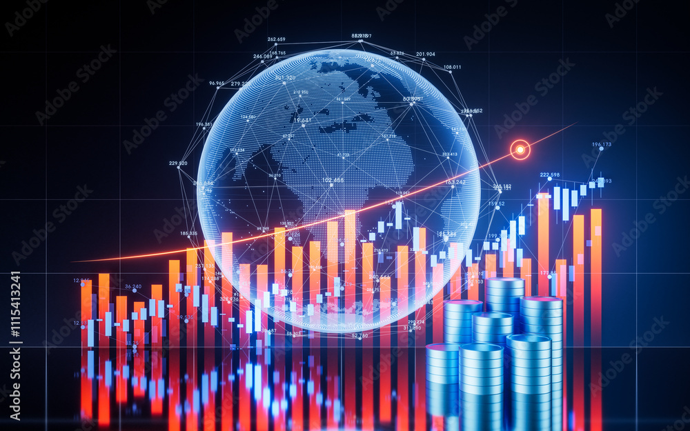 Poster statistical graph and virtual earth with finance concept, 3d rendering.