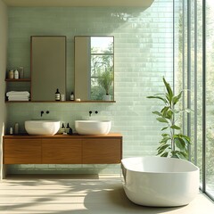 Modern Bathroom Design with Freestanding Tub, Double Vessel Sinks, Wooden Vanity, Large Windows, and Green Subway Tile Walls, Combining Natural Elements and Contemporary Style for a Serene Retreat.