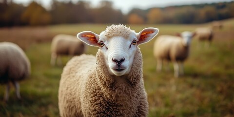 Fototapeta premium Sheep on a farm showcase their natural beauty in this image. The selective focus highlights the sheep, creating an artistic presentation of sheep in a serene farm setting.