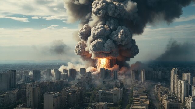 Explosive fireball rising over city skyline during daytime event