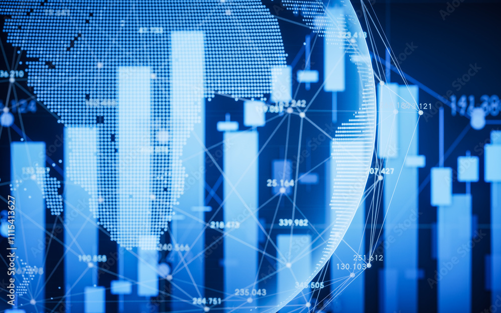Poster statistical graph and virtual earth with finance concept, 3d rendering.