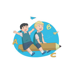 A boy and girl student are riding a flying pencil with popup letters and paper airplanes around them