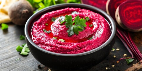 Vibrant red beet hummus serves as a delightful pureed dip, perfect for pairing with veggies or pita. Enjoy the rich flavor and nutrition of this red beet hummus in any gathering.