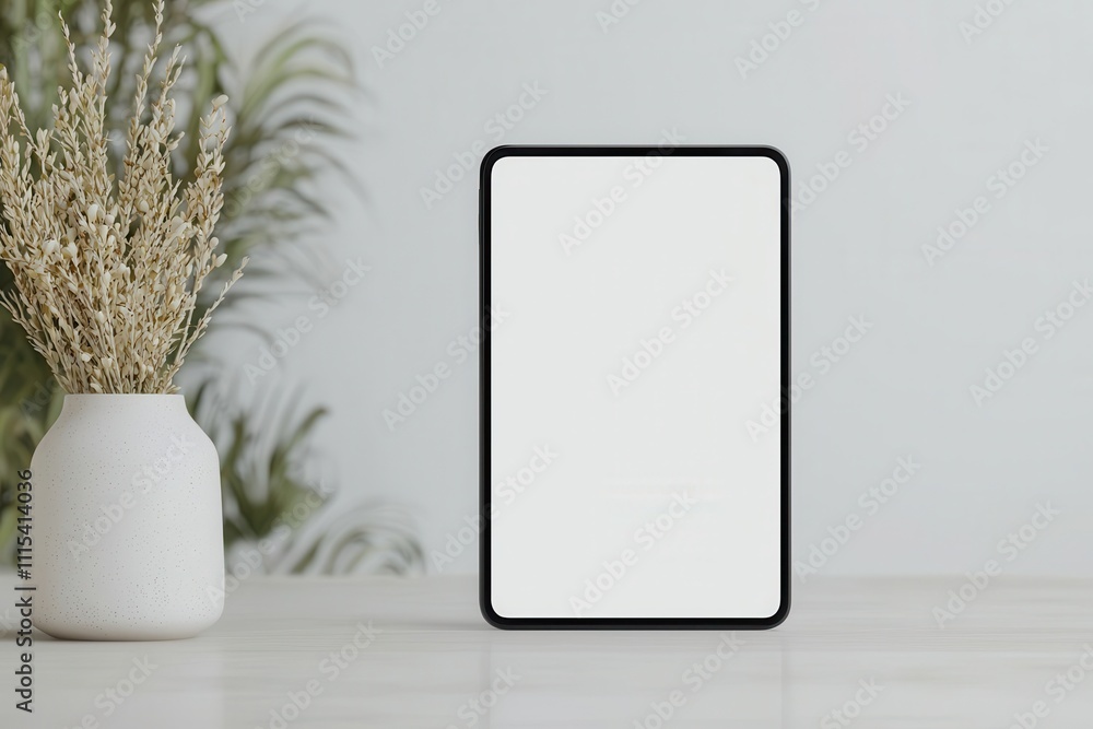 Poster mockup prototype interactive concept. blank tablet on a table beside a vase with dried flowers again
