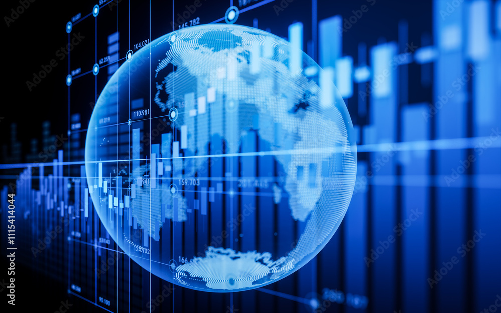 Aufkleber statistical graph and virtual earth with finance concept, 3d rendering.