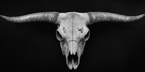 Fototapeta premium Black and white cow skull photography showcasing the unique textures and details of the cow skull, perfect for artistic projects and creative endeavors featuring cow skull imagery.