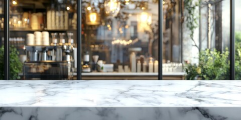 Fototapeta premium White marble table top against a blurred coffee shop window backdrop, ideal for showcasing products or food montages with a focus on the elegance of the marble table top.