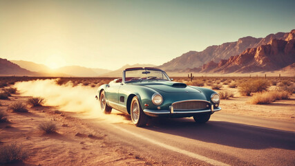Classic convertible car drives on desert road during sunset in a scenic landscape