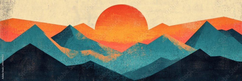 Poster vibrant retro landscape showcases sharp-edged mountains under a rising sun, creating a striking visu