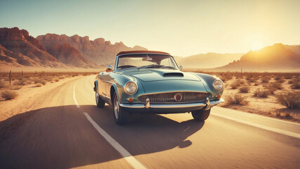Classic convertible cruising along desert road at sunset