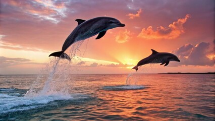 Dolphins Jumping Out of Ocean at Sunset