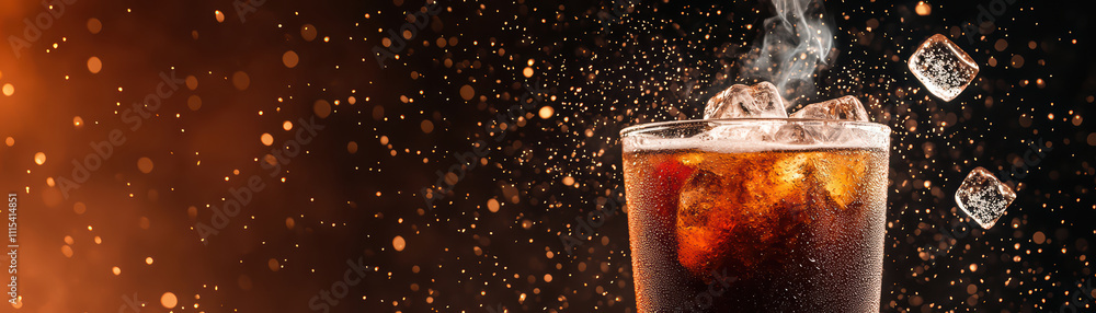 Poster refreshing cold brew coffee with ice cubes and condensation droplets, creating vibrant atmosphere wi