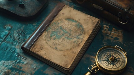 Vintage Map Notebook and Compass on Old Table Surface