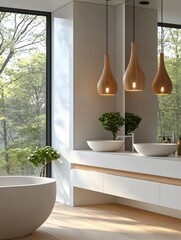 Modern Bathroom Design with Large Window, Freestanding Bathtub, and Natural Elements Featuring Wicker Pendant Lights and Indoor Plants Overlooking a Serene Forest View.