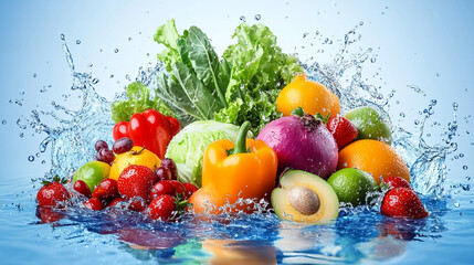 Fresh fruits and vegetables splash in clear water creating vibrant scene of health