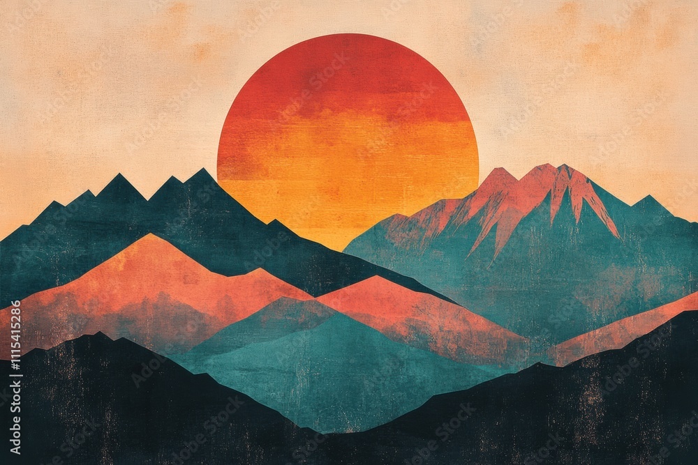 Poster this artwork features sharp-edged mountains illuminated by a vibrant rising sun, providing ample cop