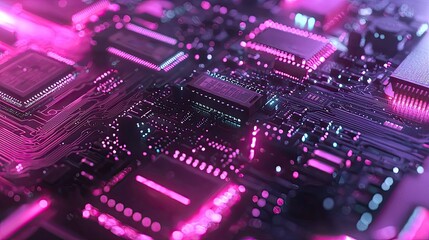Obraz premium Close-up of vibrant pink and blue illuminated circuit board with microchips and processors.