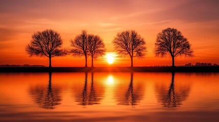A serene sunset reflecting on water with silhouetted trees.