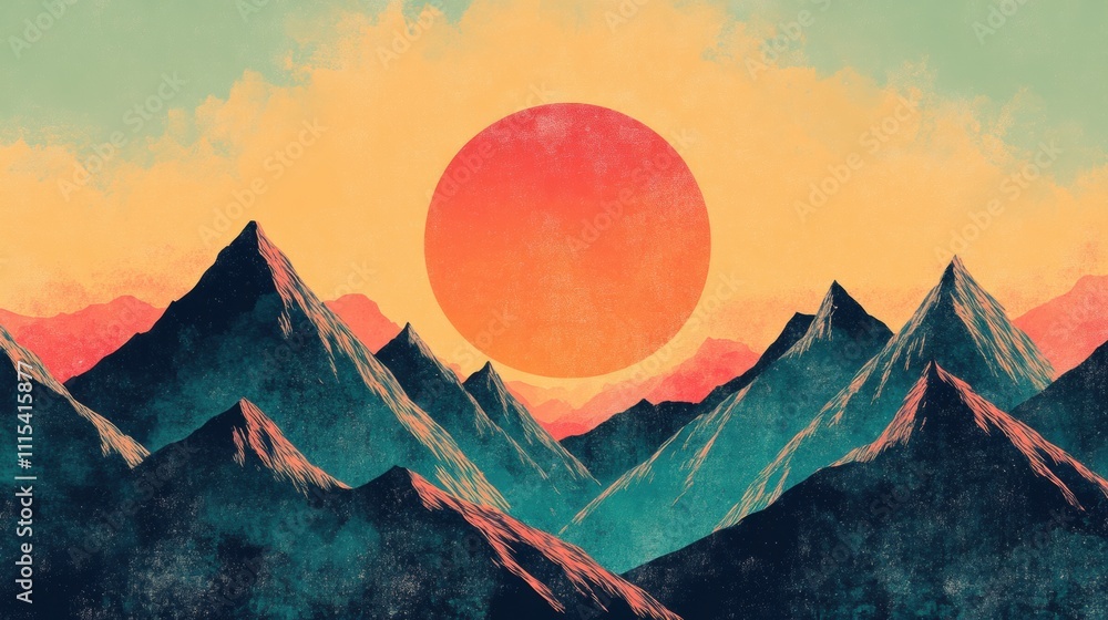 Poster this artwork showcases sharp-edged mountains against a vibrant rising sun, capturing a tranquil mome