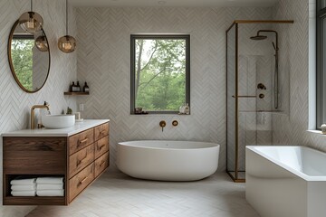 Modern Bathroom Design with Wooden Vanity, Round Mirror, and Glass Shower Enclosure Featuring Herringbone Tile Pattern and Elegant Lighting.