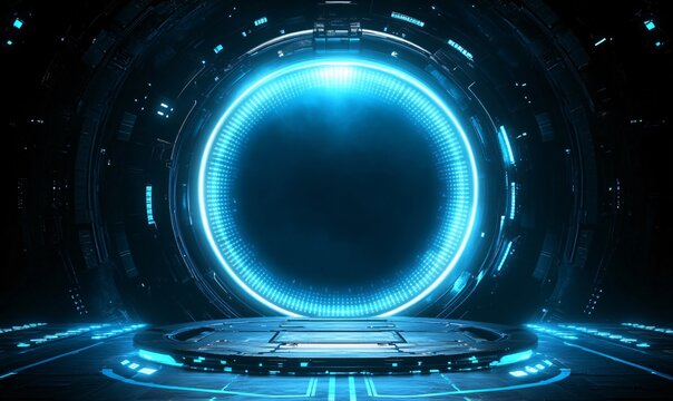 A futuristic blue sci-fi product podium, designed to highlight cutting-edge products in e-commerce. The sleek, modern display platform is perfect for showcasing innovations in digital retail with a cl