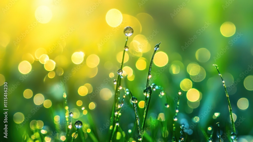 Poster dew-covered grass glistens in soft sunlight, creating a serene and refreshing atmosphere.