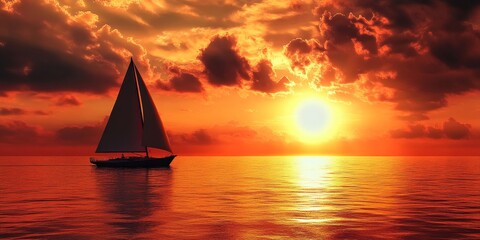Fototapeta premium Sailboat silhouetted against a stunning sunset offers a breathtaking view, capturing the essence of tranquility and beauty in nature, perfect for sailboat enthusiasts and sunset lovers alike.