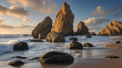 Rocky coastal formations at sunset create a serene beach landscape