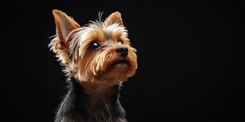 Fototapeta premium Yorkshire Terrier in studio setting against a black background. This charming Yorkshire Terrier showcases its beautiful pedigree and fur during a dog show, captured with selective focus.
