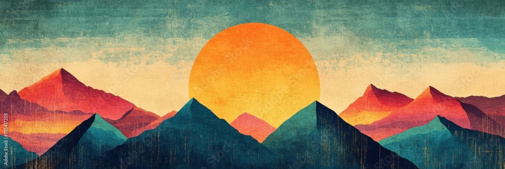 Poster A colorful landscape features sharp-edged mountains under a bright rising sun. This retro design creates a serene atmosphere with ample copy space. Generative AI