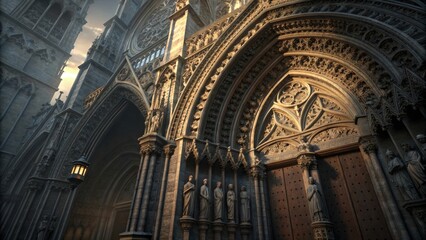 Close-up of Intricate Gothic Carvings on Cathedral Entrance