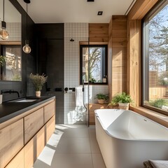Modern Bathroom Design with Freestanding Tub, Wooden Cabinets and Large Windows Offering Natural Light and Outdoor Views.