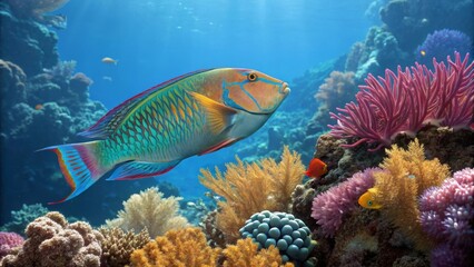 Obraz premium Close-up of a fish swimming through vibrant coral reef scene