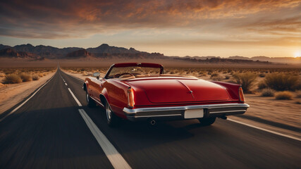 Obraz premium Classic red convertible driving on open road during sunset in desert landscape