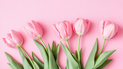 Obraz premium Beautiful composition of spring flowers. Bouquet of pink tulips on pastel pink background.